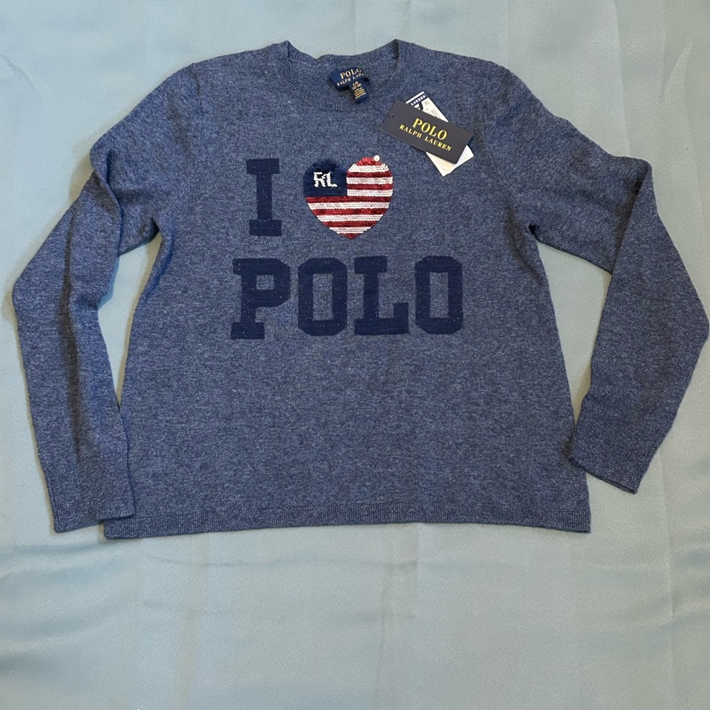 Polo RALPH LAUREN Girls L 12-14 Sequin HEART FLAG Wool Sweater NWT